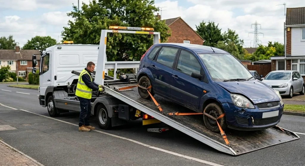 Flatbed tow truck loading non-running vehicle for transport